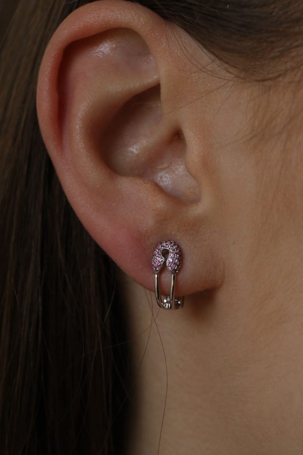 White Gold Safety Pin Earring With Pink Sapphire (Earrings)